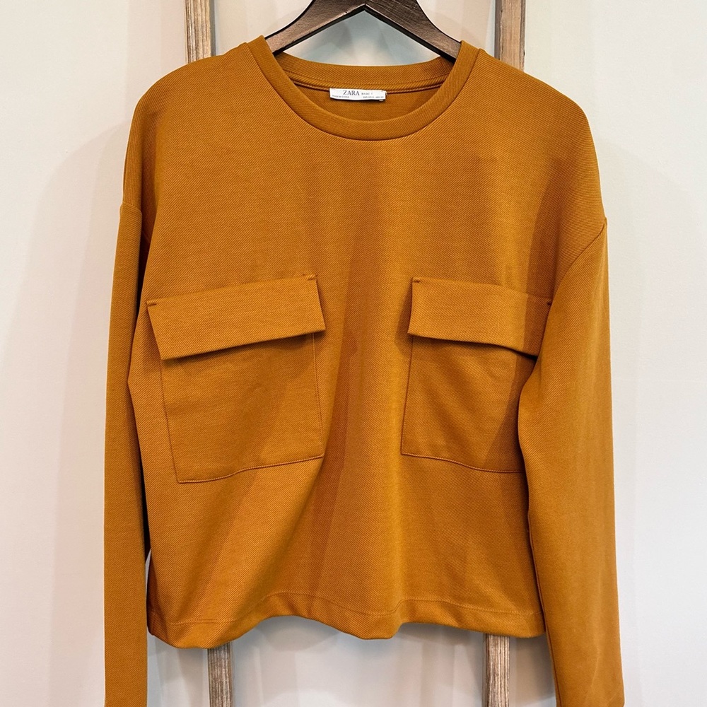 Zara Textured Two Pocket Knit Long Sleeve Top Mustard Gold Size Large